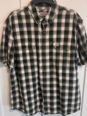 Carhartt Green Grey Plaid button-down shirt XL Short Sleeves Relaxed Fit